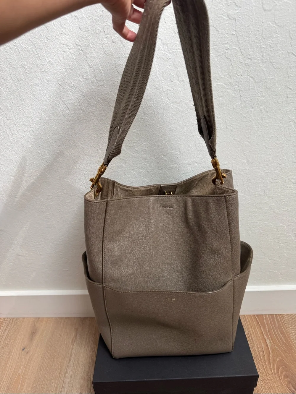 Authentic Celine Medium Sangle Bucket Bag in Grained Calfskin (Taupe)